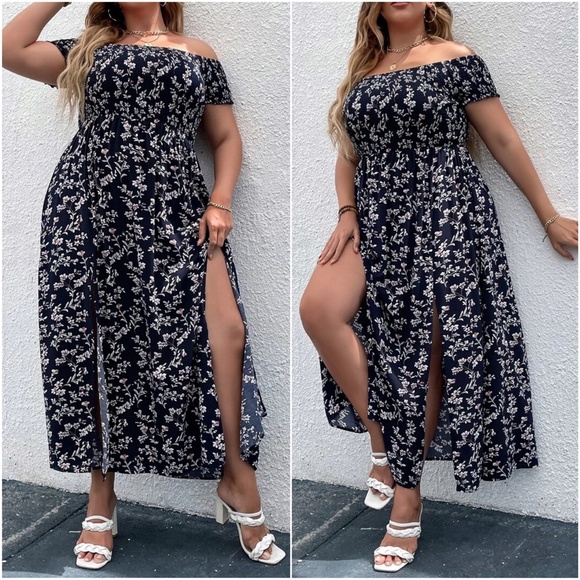 Dresses & Skirts - Plus Navy Blue Floral Print Off Shoulder Maxi Dress
